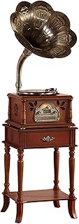 WSJTT Retro Turntable Vinyl Record Player All in One Vintage Phonograph Nostalgic Gramophone with Copper Horn Built-in Speaker System Control 33/45/78, CD Bluetooth Radio USB