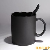 咖啡杯.WUNI歐式創意黑色啞光大容量馬克杯子磨砂簡約咖啡杯帶勺陶瓷水杯