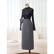 Soft diagonal ribbed skirt with long slit in the back, 75cm and 85cm long (2 layers) Korean fashion 