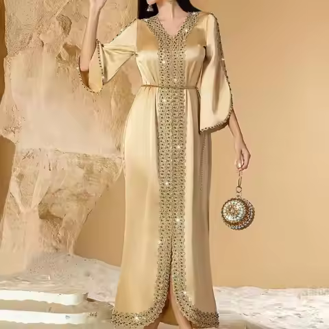 Y3NE Muslims Maxi Dress Elegant Long Sleeve Rhinestones Lace Middle East Dubai Arabic Moroccan Kafta