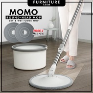 FF : Momo Spin Mop Flat Mop Round Head Floor Clean Water Separated Mop Quick Dry Microfiber Cloth Mop Lantai Mop