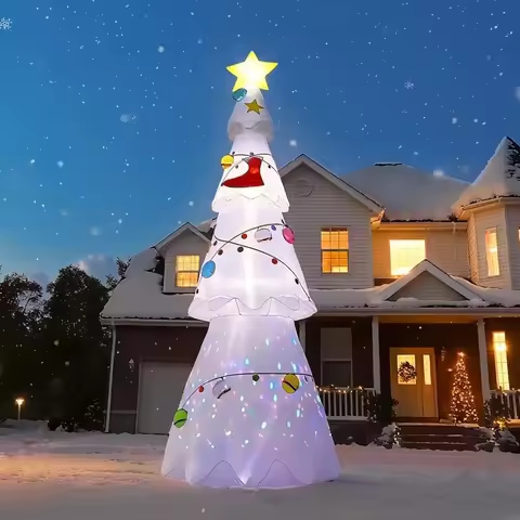 10FT Inflatable Christmas Tree White Christmas Tree with Colorful Rotating LED Lights Blow Up Yard D