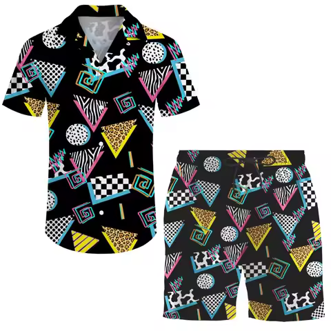2024 New Men's 2 Pieces 80s 90s Outfit Retro 90s Shirts and Shorts Set Vintage Active Tracksuits for