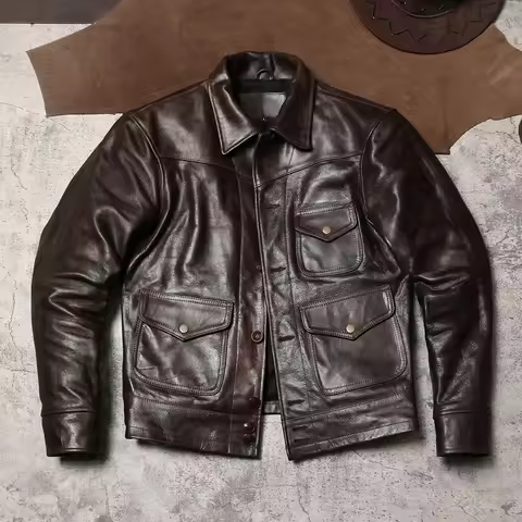 AnnualRing American Retro Leather Jacket Men's Lapel Short Oil Wax Cowhide Leather Jacket Amikaki Le