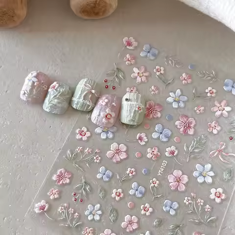 5D Embossed Nail Stickers Summer Watercolor Flower Leaves Ribbon Design Self Adhesive Nail Decoratio