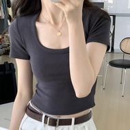t shirt woman Solid Color U-Neck Cropped T-Shirt for Women - High Waist Design | Summer 2024