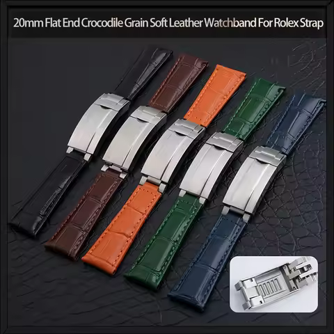 20mm Flat End Crocodile Grain Soft Leather Watchband For Rolex Strap Submariner GMT DAYTONA Yacht-Ma