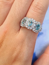 天然藍色鋯石配白色鋯石純銀鍍鉑戒指