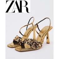 Zara Spring New Product Women's Shoes Golden Yellow Sequined High Heel Fashion Sandals 2302110 303