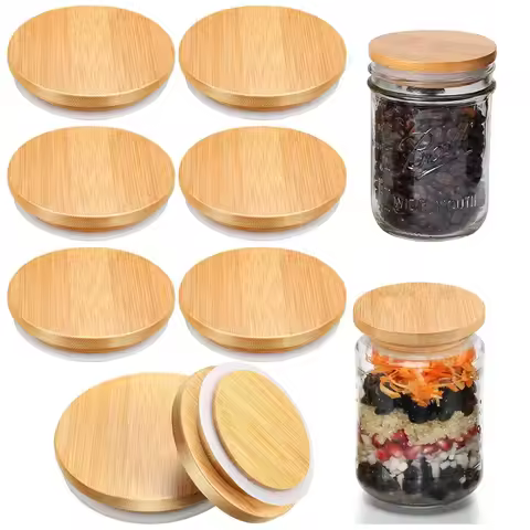 62/68/70/86mm 6 Pack Wooden Mason Jar Lids Reusable Bamboo Mason Canning Lids Compatible with Wide M
