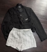 小香風黑色粗花呢外套短褲套裝