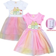 Sumikkogurashi Kids Baby Girls Cartoon Dresses Cotton Rainbow Mesh Tulle Short Sleeve Casual Party Dress Age 3-10Yrs