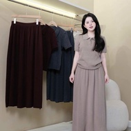 Lady's long skirt set, wool set with turn-down collar and short sleeves mixed with long skirt 777(Z4