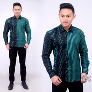 baju kemeja batik kantor pria lengan panjang motif lurik kombinasi - hijau xl