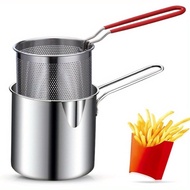 304 Thickened Stainless Steel Fryer Household Tempura Fried Shrimp French Fries Fuel-Saving Kitchen Deep Pan Long Handle Multifunctional Stainless Steel Fryer Mini Fryer Handheld Fryer Household Fryer