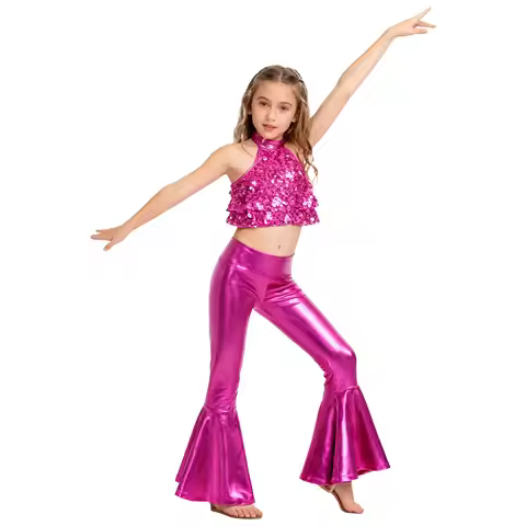 Kids Girls Two-pieces Jazz Waltz Disco Dance Performance Costume Shiny Backless Crop Top with Metall