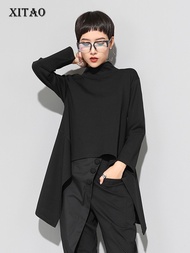 Hotsale XITAO Vintage Black Turtle Neck T Shirt Women Casual Long Sleeve Irregular Tops Clothes New ZLL1177