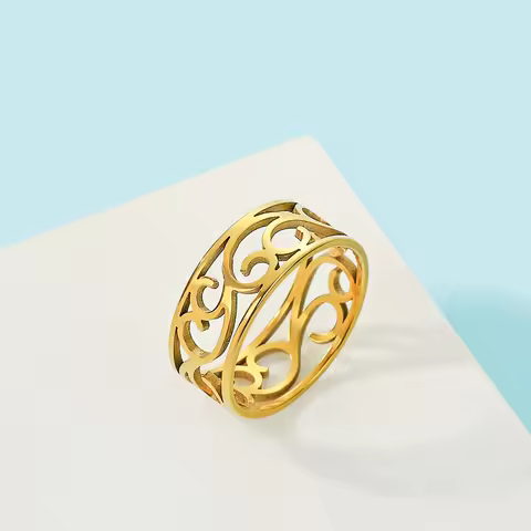 Chandler Stainless Steel Flower of Life Ring Vintage Hollow Ring Gold Filled Ring for Men and Women