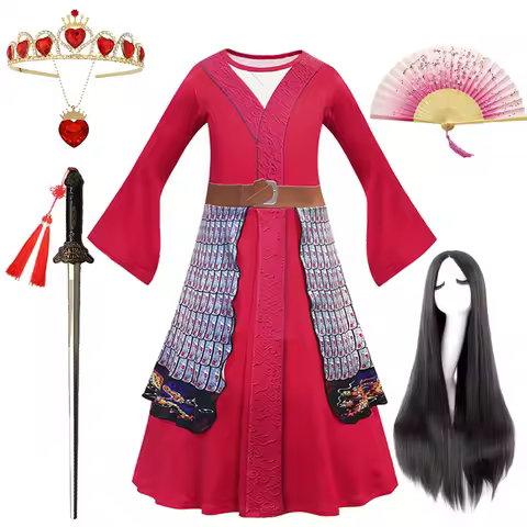 Girls Mulan Dress Halloween Princess Costumes for Girls Mulan Wig Chinese Traditional Dress Red Gown
