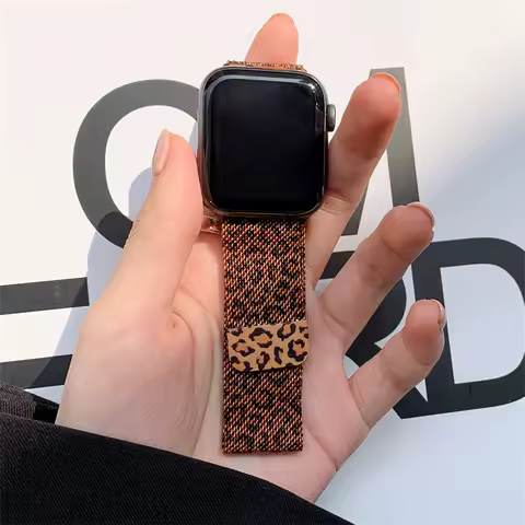 Stylish Brown Leopard Print Magnetic Watch Strap For iwatch series 9 8 7 6 5 Women Metal Band For Ap