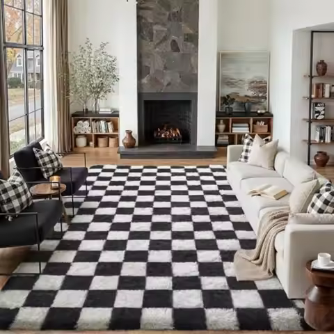 Checkered Rug 8x10 for Living Room, Black and White Shag Rug Super Soft, Washable, Non-Slip, Fluffy