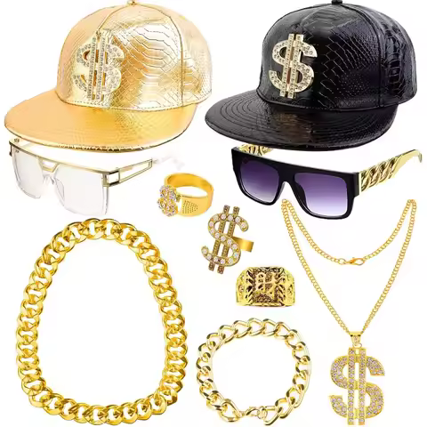 80s Hip Hop Costume Kit Baseball Cap Punk Sunglasses Rapper Accessories Faux Gold Chain Bracelet Rin