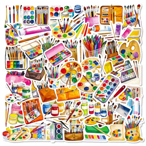 56PCS Set of Drawing Tools Doodle Stickers INS Style Paintbrush Palette Student Stationery Notebook 