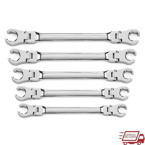 5 Piece SAE Flare Nut Wrench Set Flexible Ends Long Pattern Chrome Double Ended Tools Access and Lev