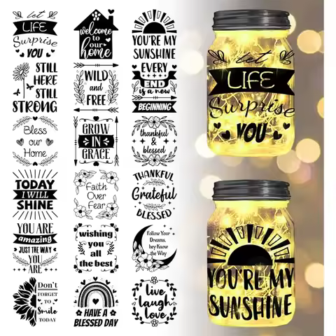 18Pcs Blessing Phrase Rub on Transfer 3.9x3.6inch Wishes Words Home Decals Leaves Flower Rainbow Cup