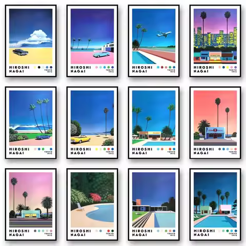 Vintage Nagai Hiroshi Vaporwave Japan Beach City Summer Wall Art Canvas Painting Printing Wall Paint