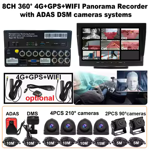 8CH 360° 4G GPS WIFI Panorama Recorder with ADAS DSM systems AHD Camera Bird View Surround Monitor f