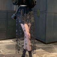 Long Lace Sequin Skirt with Floral Design - See-Through