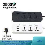 2M Extension Cable UK Plug Socket 2.1A Fast Charging USB Ports