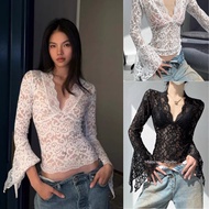LOULOU v-neck lace top with ruffles and flared sleeves y2k style A376