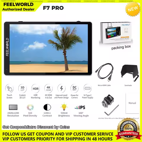 7" Camera Field Director AC Monitor.FEELWORLD F7 Pro.3D LUT Touch Screen/4K 60Hz HDMI Input Output M