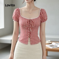 Lovito Blus Kasual Renda Musim Bunga/Panas Merah Putih untuk Wanita L189ED900