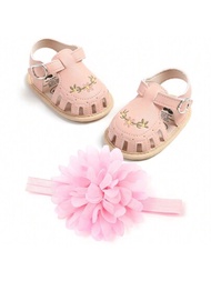 2入組嬰兒髮帶+嬰兒女童粉色繡花PU魔鬼氈平底涼鞋，夏季適用