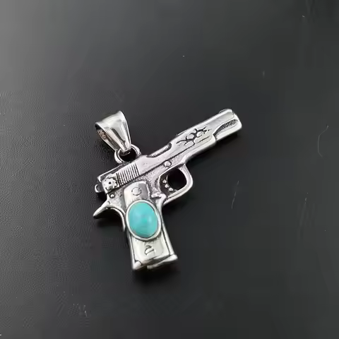Stainless Steel Gun Pendant Hip Hop Rhinestone Turquoise AK47 Guns Titanium Chain Military Charm Nec