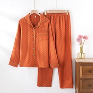 Womens Pure Cotton Double-Layer Gauze Pajama Set Jacquard Long-Sleeved Pants Lounge Pajama Two-Piece