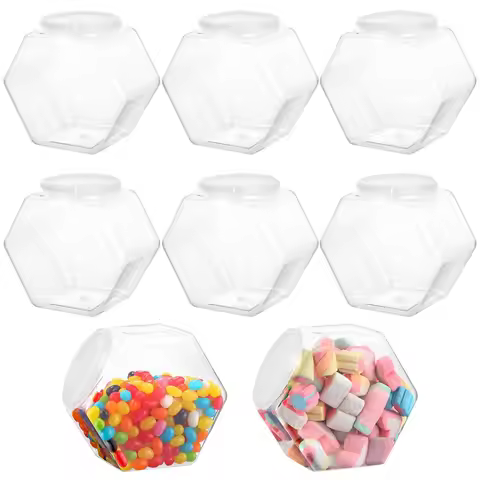 8Pcs Hexagon Plastic Jars Clear Cookie Jars Candy Jars Wide Round Mouth Snacks Dog Food Candy Contai
