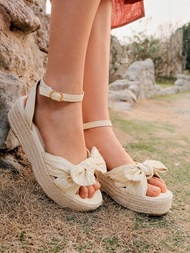 Styleloop 女時尚度假風格簡約設計蝴蝶結黃麻繩坡跟厚底涼鞋