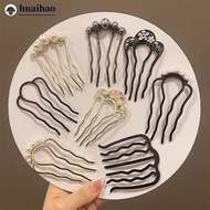 HUAIHAO Alloy U-Shaped Hair Fork Combs Simulated Pearl Hair Sticks Black Golden Hair Styling Tools H