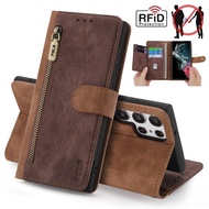 RFID Zipper Leather Wallet Flip Case For Samsung S23 S22 Ultra S21 FE S20 Plus A53 A73 A21S S10 A52 A72 A33 A53 A51 A32 A12 Cover