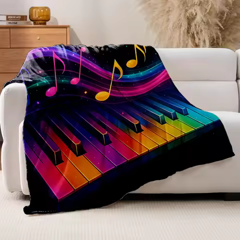 1pc Beethoven Piano Music Note & Sheet Print Fleece Blanket - Black with Rainbow Piano Keys, Musical