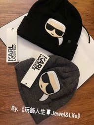 品牌系列💯KARL LAGERFELD 卡爾 經典老佛爺 立體刺繡LOGO 黑 灰 毛帽 毛線帽