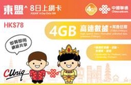 聯通 4G 東盟 8日上網卡 4GB 無限上網 寮國 柬埔寨 越南  泰國  上網卡 SIM卡 網卡 4G網路卡