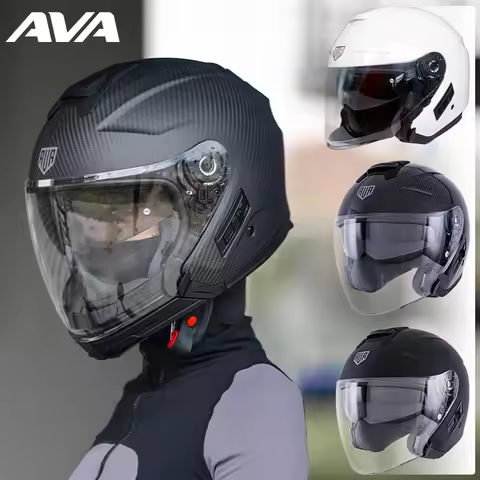 AVA Motorcycle Helmet Carbon Fiber 3/4 Open Face Helmets Men Women Dual Lens Removable Chin Motorbik