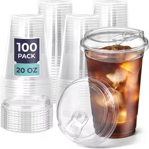 100 Pack 12/16/20/24 oz Clear Plastic Cups with Strawless Sip Lids Disposable Coffee Cups with Lids 