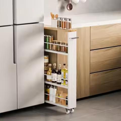 4 Tier White Slim Storage Cart with Handle, Slide Out Rolling Utility Cart for Kitchen Laundry Narro