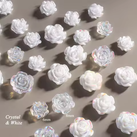 50pcs/lot 3D White Aurora AB Color Pearl White Camellia Nail Charm Jewelry Resin Flowers Decorations